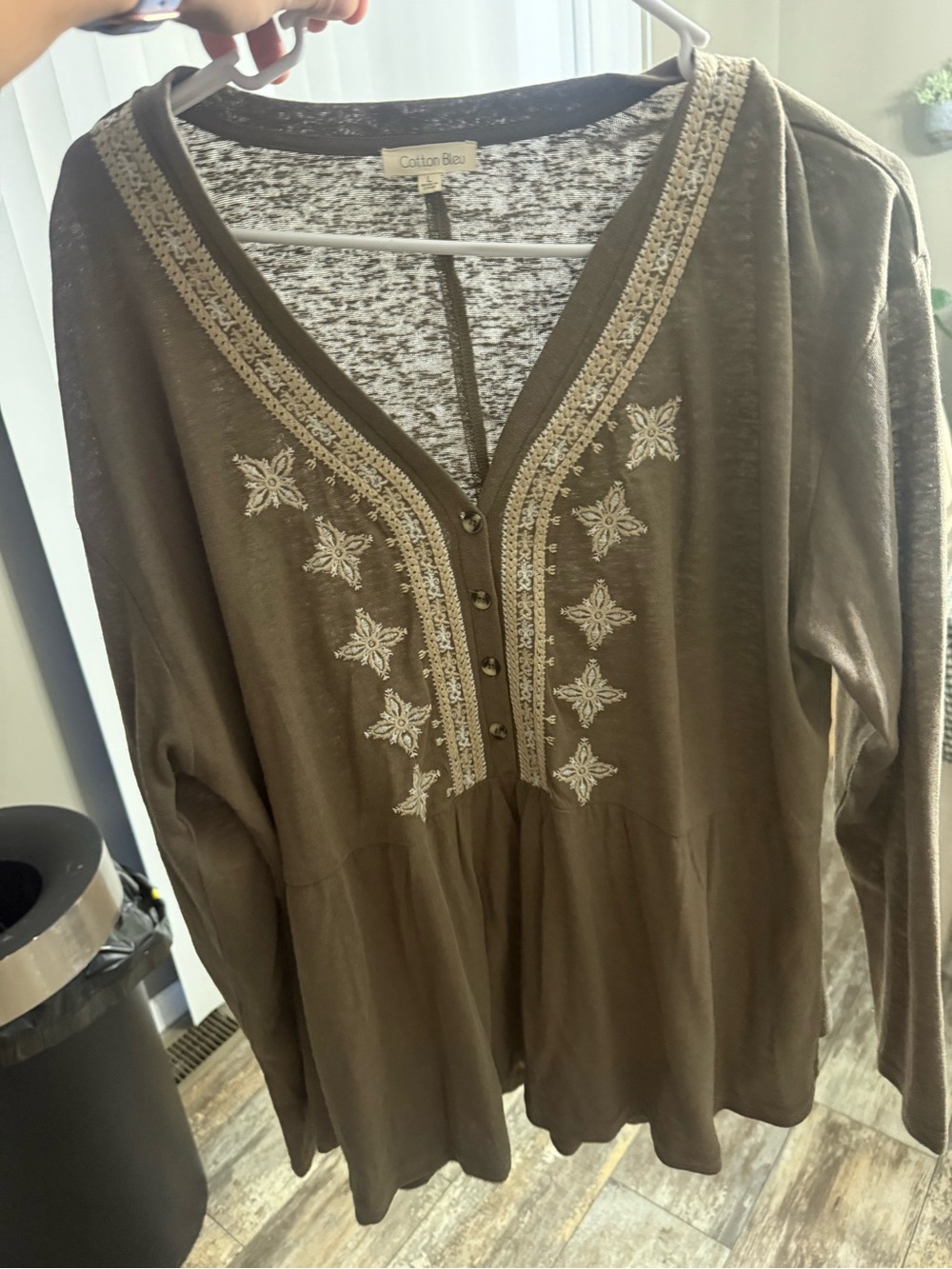 Olive Embroidered V-Neck Peasant Top
